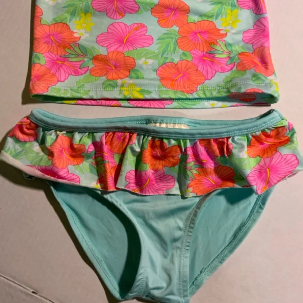 Bobbie Brooks Girls Medium 7/8 2 PC Teal Pink Tropical‎ Flowers Tankini Swimsuit